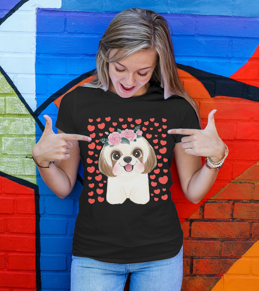 Cute Shih Tzu Valentine's Day Red Hearts Dog Flowers T-Shirt