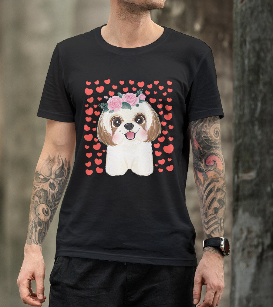 Cute Shih Tzu Valentine's Day Red Hearts Dog Flowers T-Shirt
