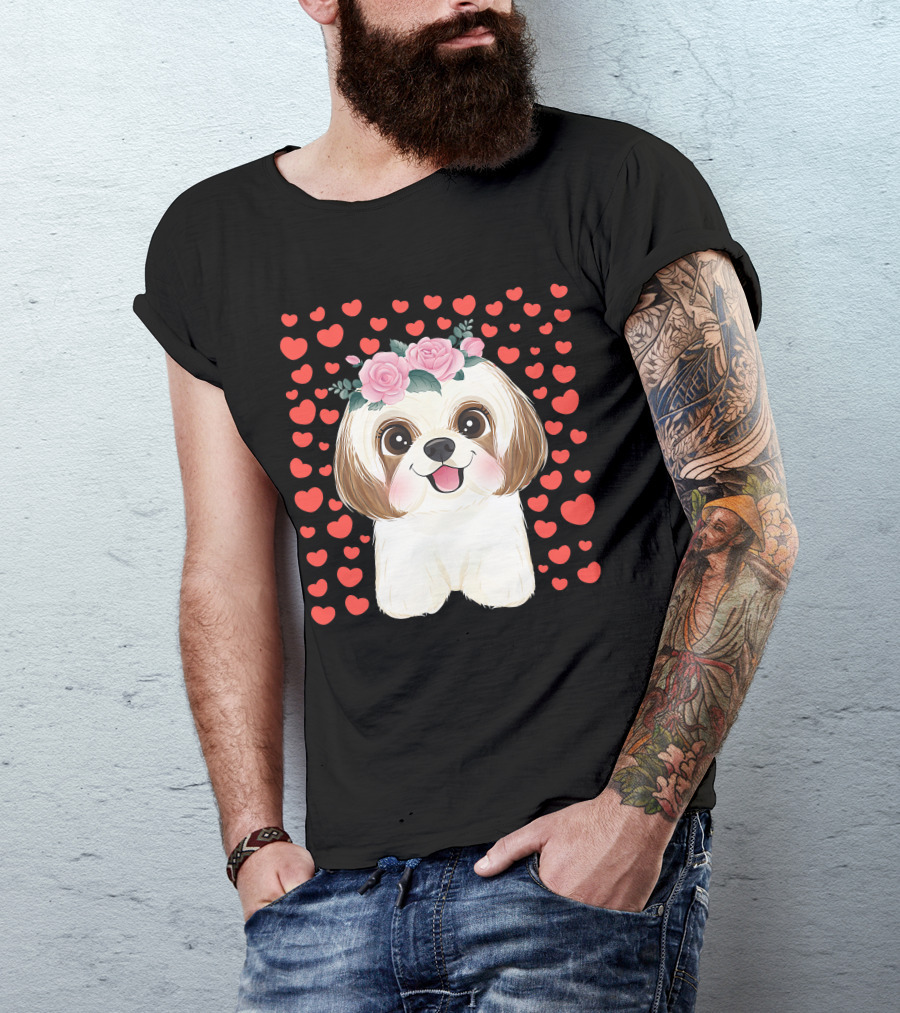 Cute Shih Tzu Valentine's Day Red Hearts Dog Flowers T-Shirt