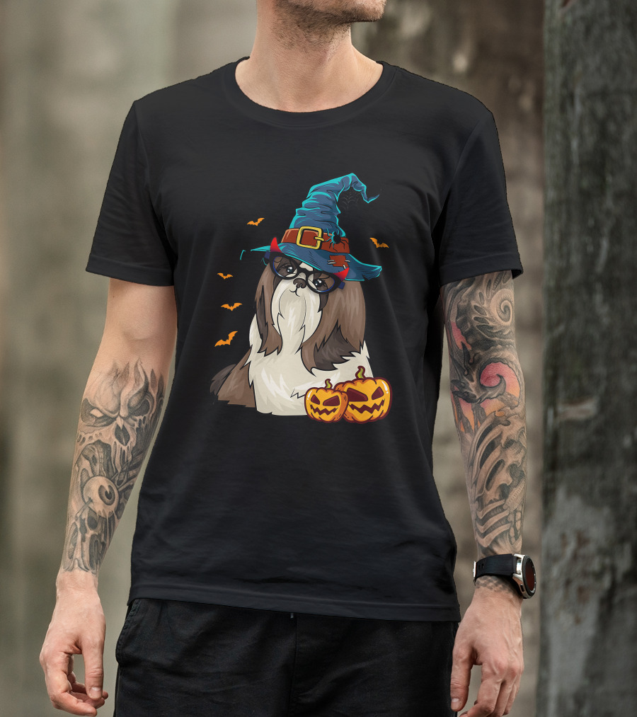 Cute Shih Tzu Glasses Witch Hat Halloween Pumpkins Bats T-Shirt