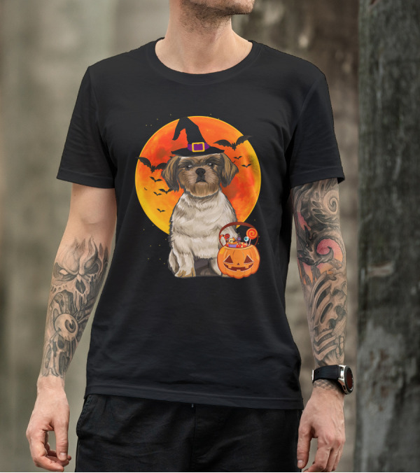 Shih Tzu Dog Halloween Jack O Lantern Pumpkin With Bats And Witch Hat T-Shirt