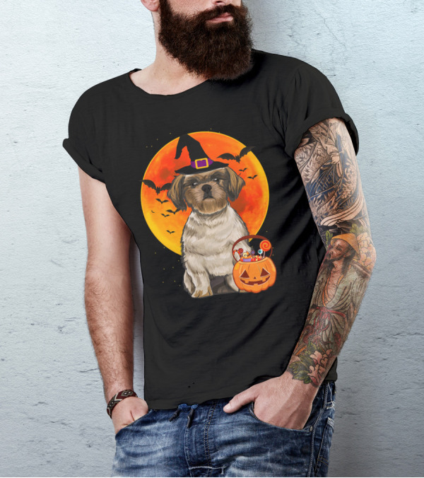 Shih Tzu Dog Halloween Jack O Lantern Pumpkin With Bats And Witch Hat T-Shirt