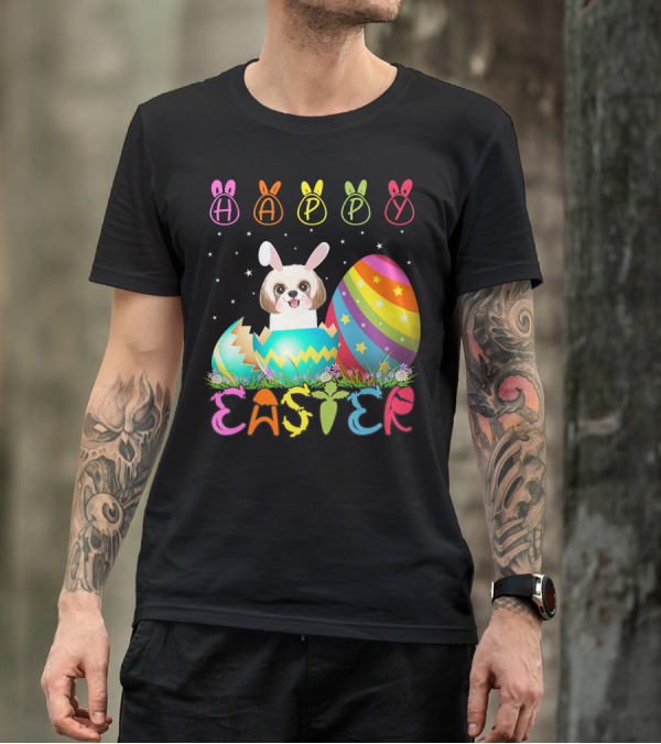 Happy Easter Day Shih Tzu Dog In Colorful Egg Matching T-Shirt