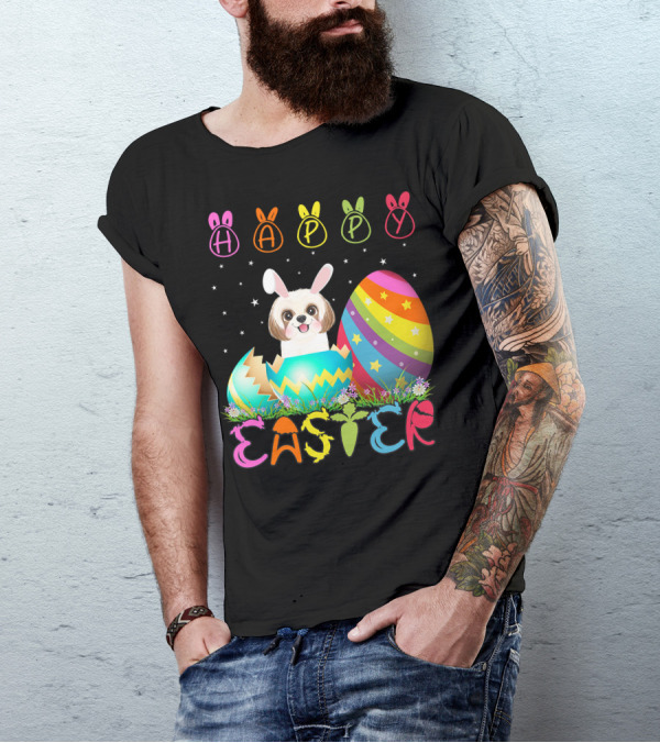 Happy Easter Day Shih Tzu Dog In Colorful Egg Matching T-Shirt
