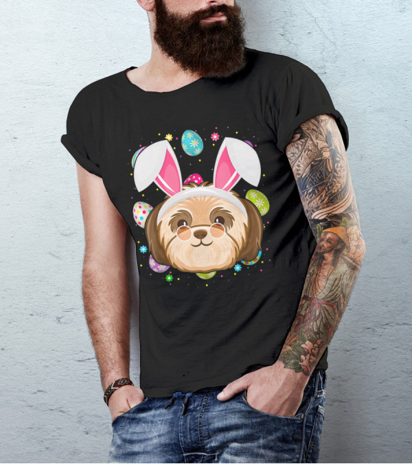 Easter Egg Lover Bunny Ear Shih Tzu Dog Face Easter T-Shirt