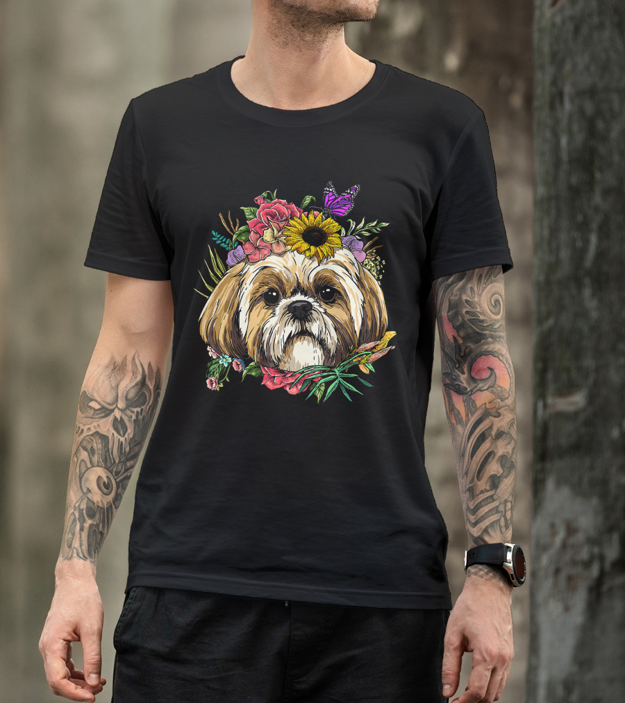 Floral Shih Tzu Dog With Butterfly And Spring Flowers For Nature And Shih Tzu Lovers T-Shirt