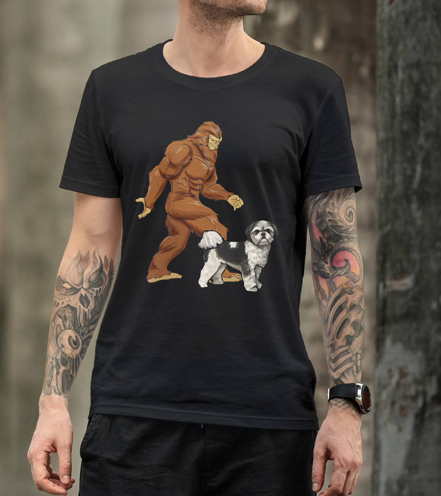 Funny Bigfoot Walking Shih Tzu Sasquatch Dog Comic T-Shirt