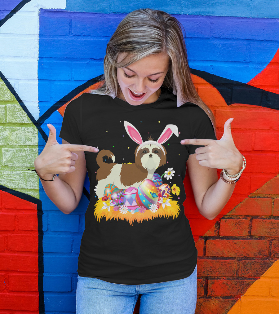 Shih Tzu Bunny Ears With Colorful Easter Eggs And Flowers For Easter Sunday T-Shirt