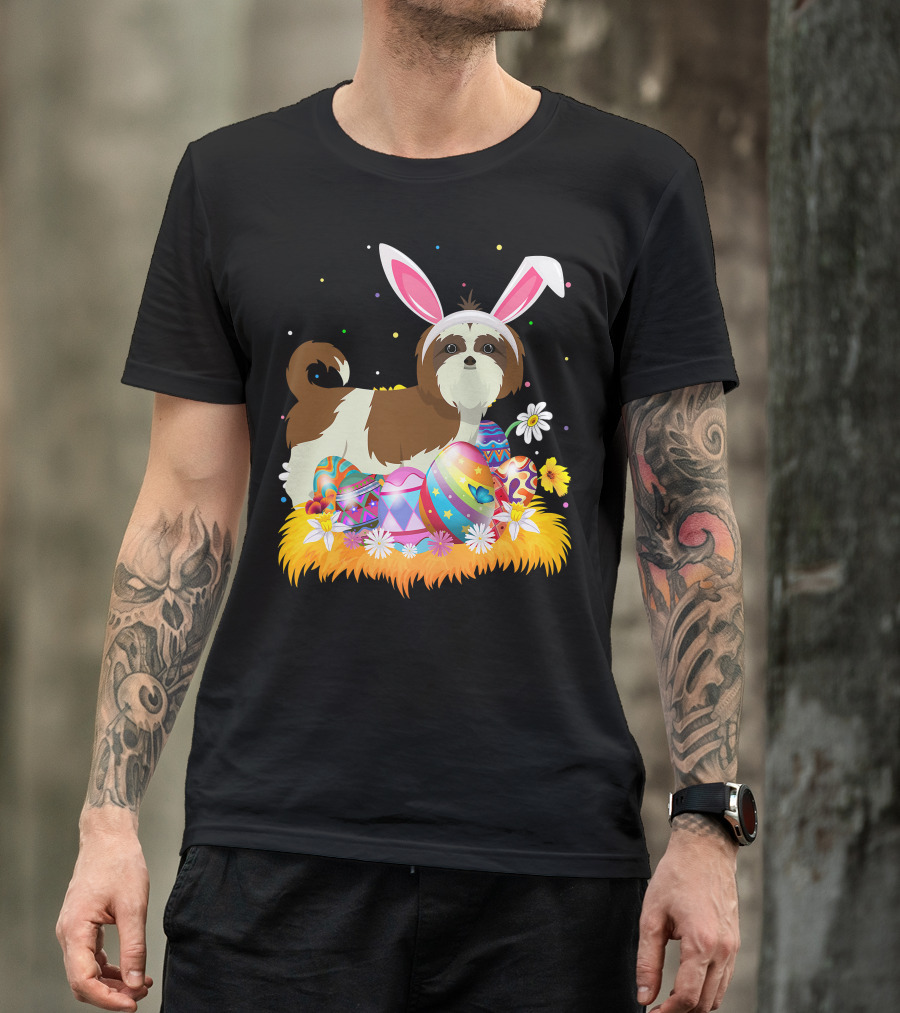 Shih Tzu Bunny Ears With Colorful Easter Eggs And Flowers For Easter Sunday T-Shirt