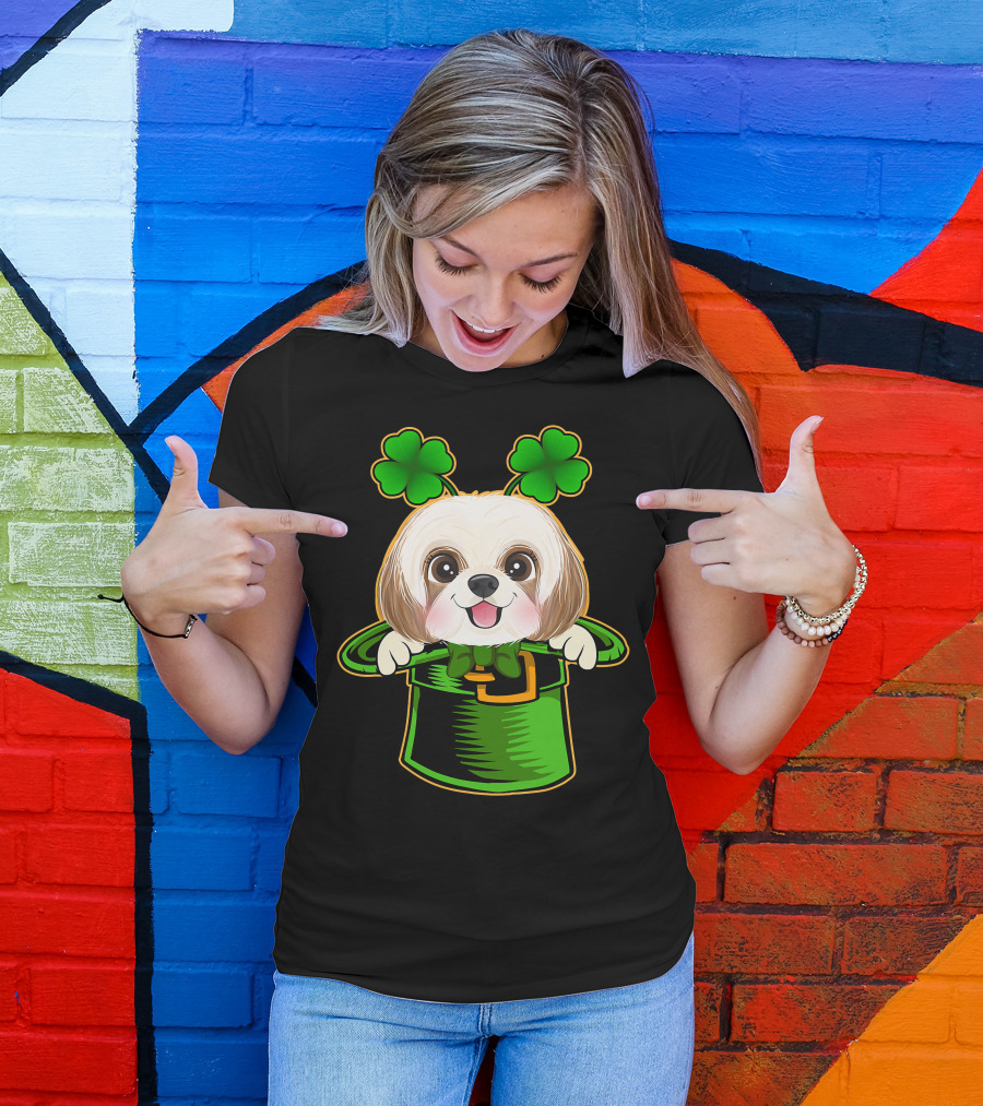 Leprechaun Hat Shih Tzu Dog With Green Clover Antennae T-Shirt