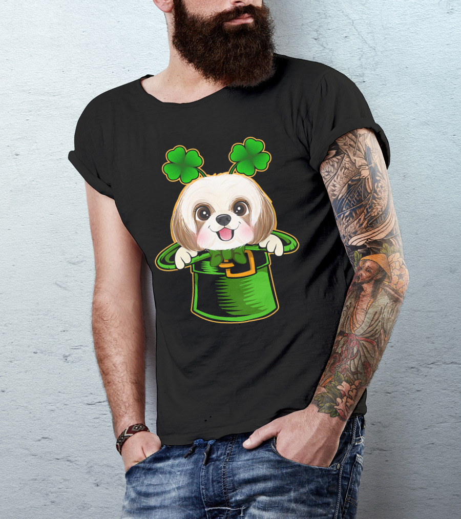 Leprechaun Hat Shih Tzu Dog With Green Clover Antennae T-Shirt