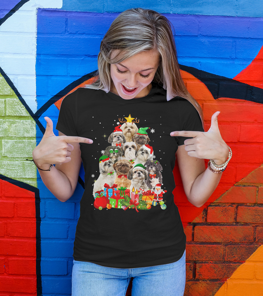 Shih Tzu Christmas Tree With Holiday Lights And Puppy Dogs T-Shirt