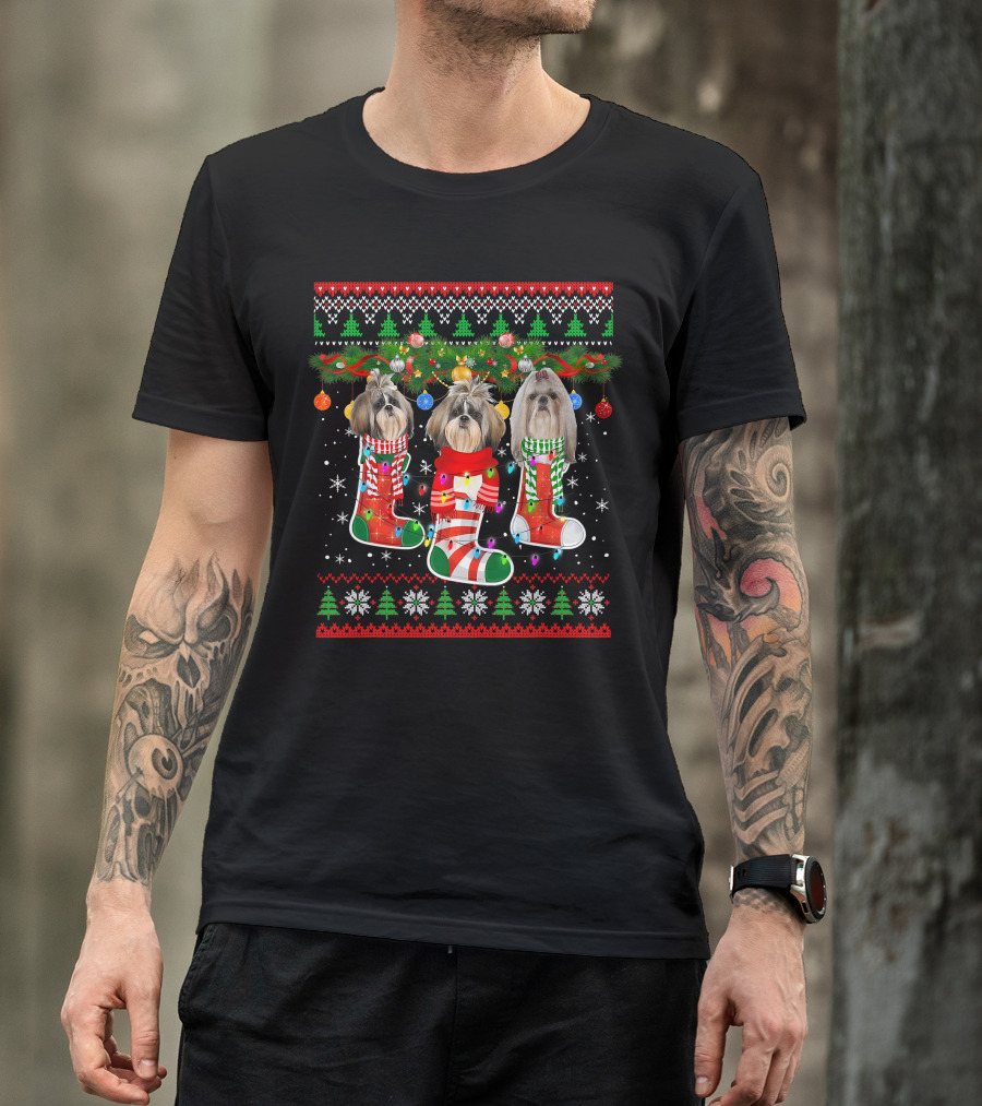 Shih Tzu Dogs Christmas Holiday Socks With Lights And Ornaments T-Shirt
