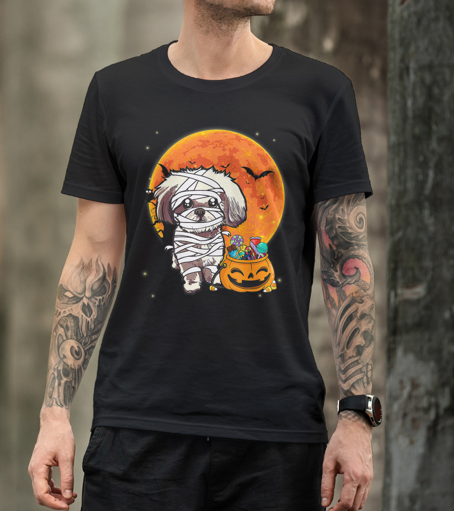 Shih Tzu Mummy Halloween Costume With Pumpkin Candy Bucket And Full Moon T-Shirt