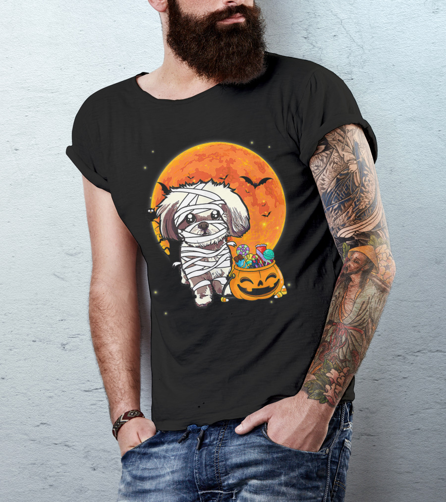 Shih Tzu Mummy Halloween Costume With Pumpkin Candy Bucket And Full Moon T-Shirt