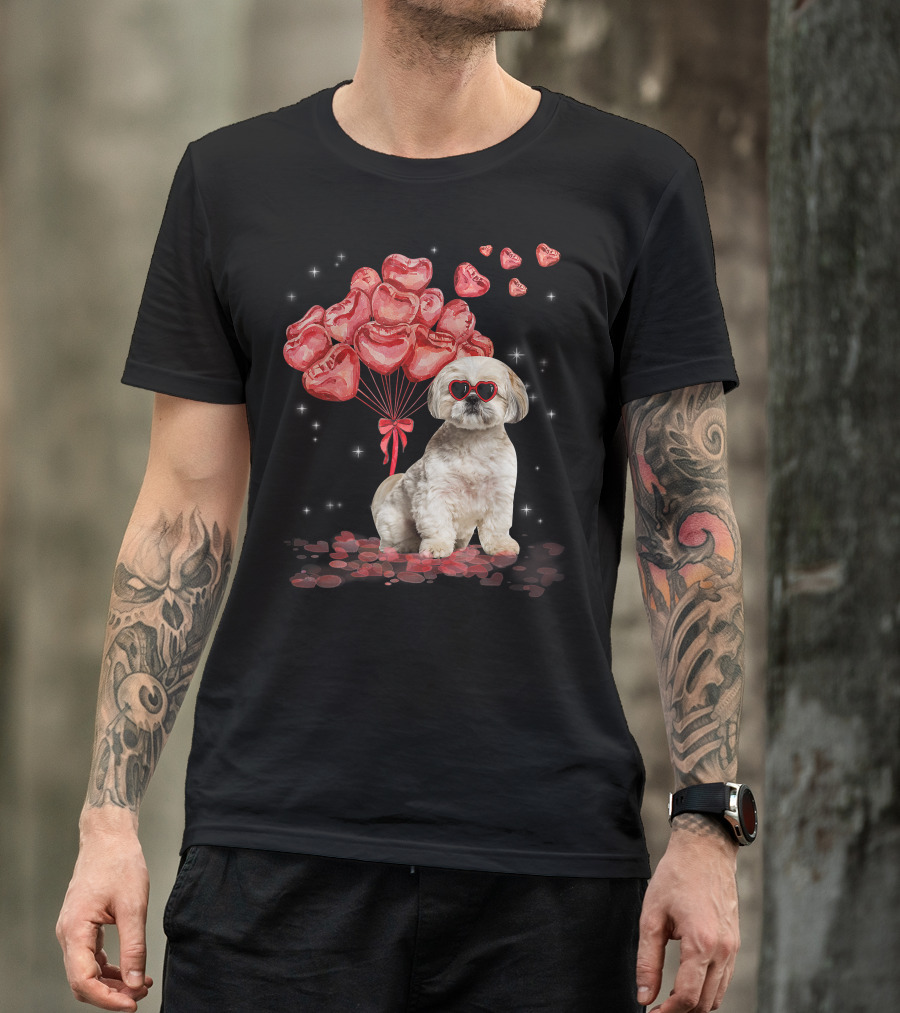 Shih Tzu Heart Balloons Funny Valentines Day Dog Dad Mom T-Shirt