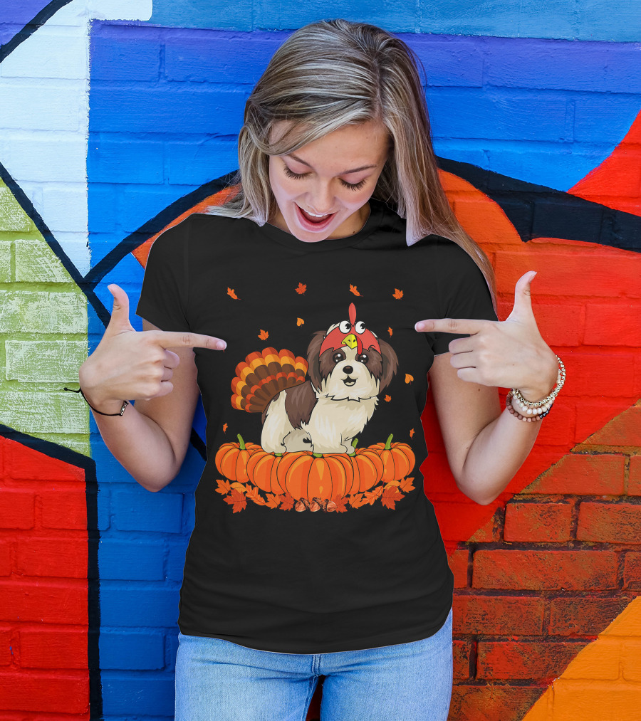 Shih Tzu Dressed As Turkey With Pumpkins And Autumn Leaves Thanksgiving Fun T-Shirt