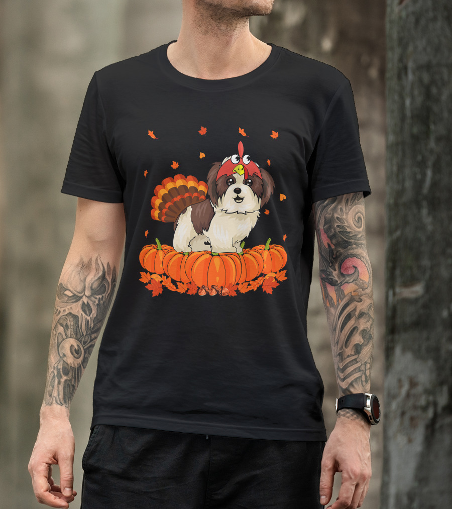Shih Tzu Dressed As Turkey With Pumpkins And Autumn Leaves Thanksgiving Fun T-Shirt