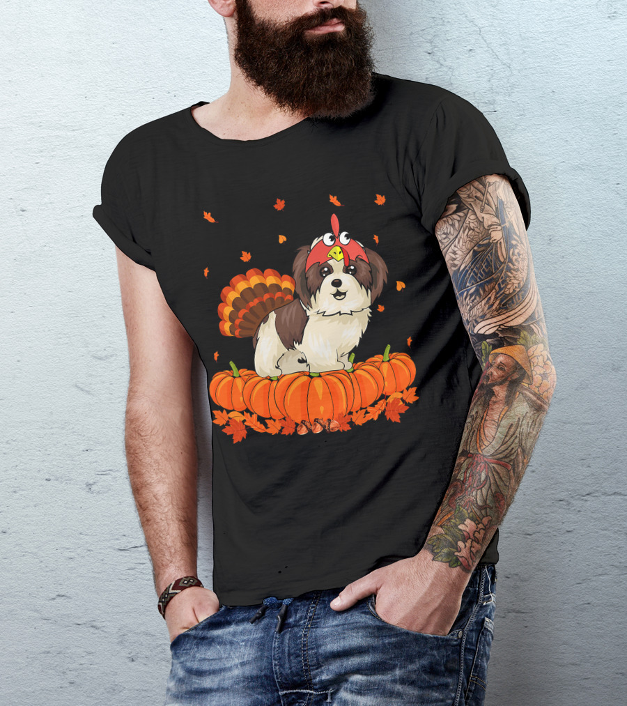 Shih Tzu Dressed As Turkey With Pumpkins And Autumn Leaves Thanksgiving Fun T-Shirt