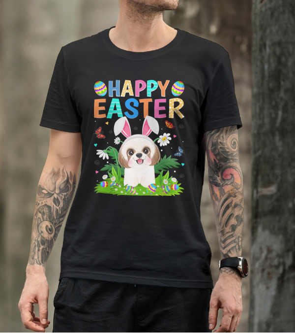 Happy Easter Bunny Shih Tzu Dog With Easter Eggs And Butterflies T-Shirt