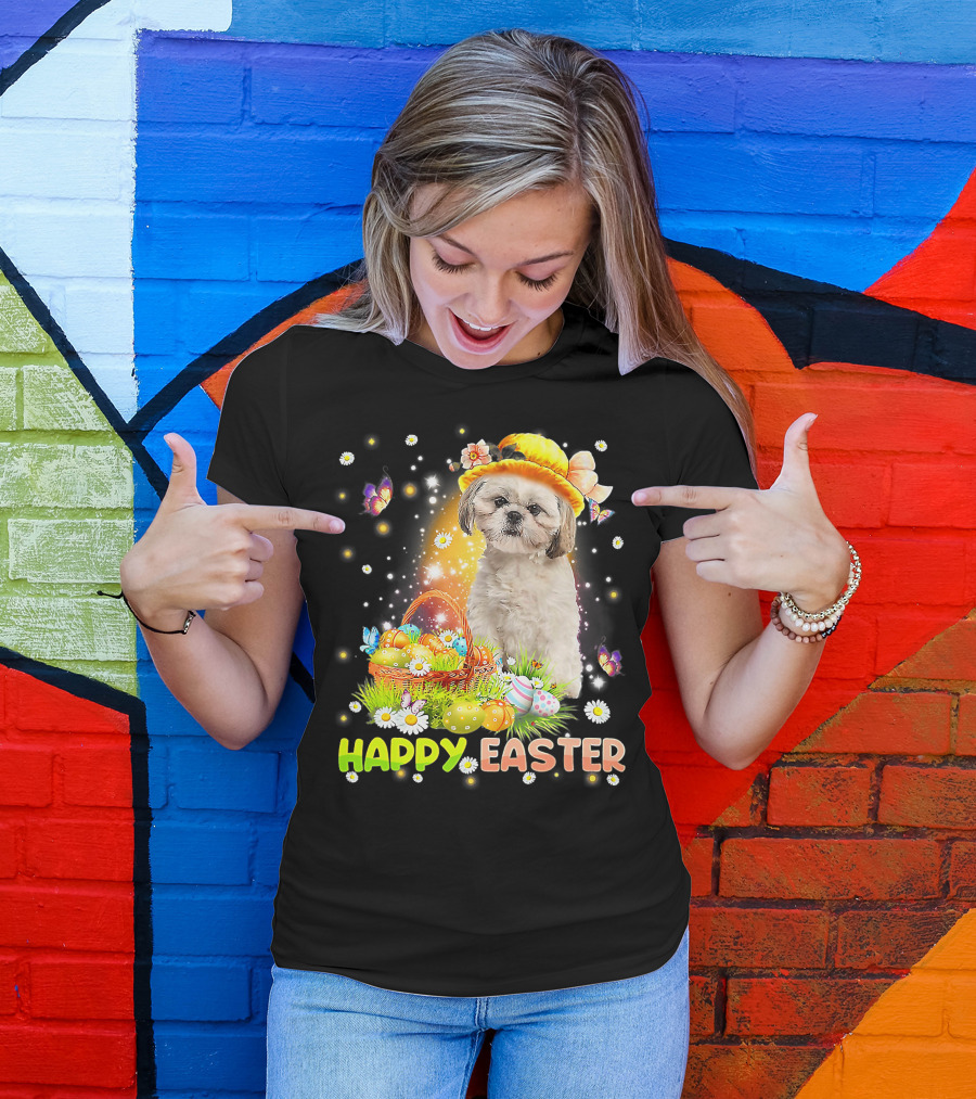 Happy Easter Cute Bunny Dog Shih Tzu With Eggs Basket And Butterflies T-Shirt