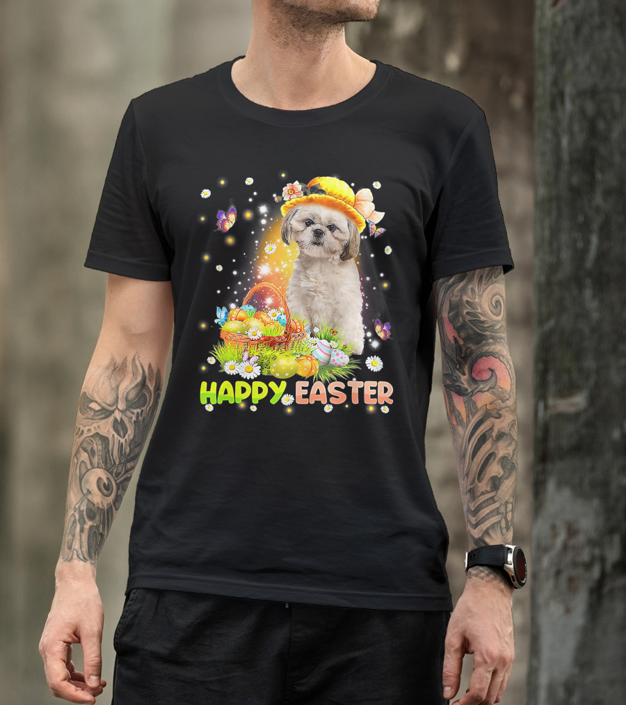 Happy Easter Cute Bunny Dog Shih Tzu With Eggs Basket And Butterflies T-Shirt