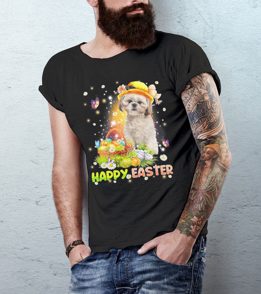 Happy Easter Cute Bunny Dog Shih Tzu With Eggs Basket And Butterflies T-Shirt