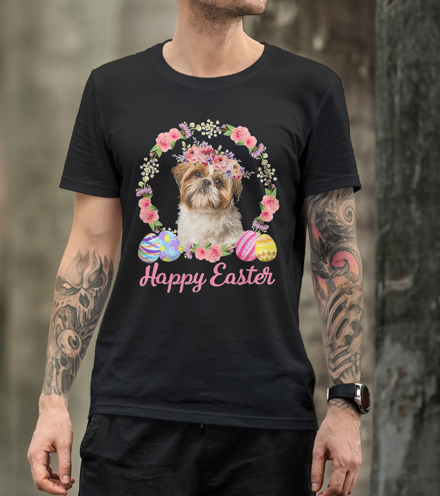 Happy Easter Shih Tzu Dog Flower Wreath With Decorative Eggs T-Shirt