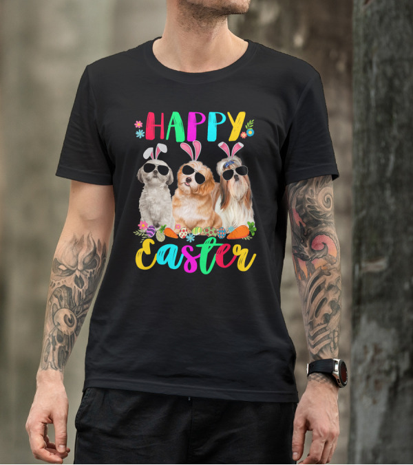 Happy Easter Three Shih Tzu Dogs With Bunny Ears And Sunglasses Eggs Carrots T-Shirt