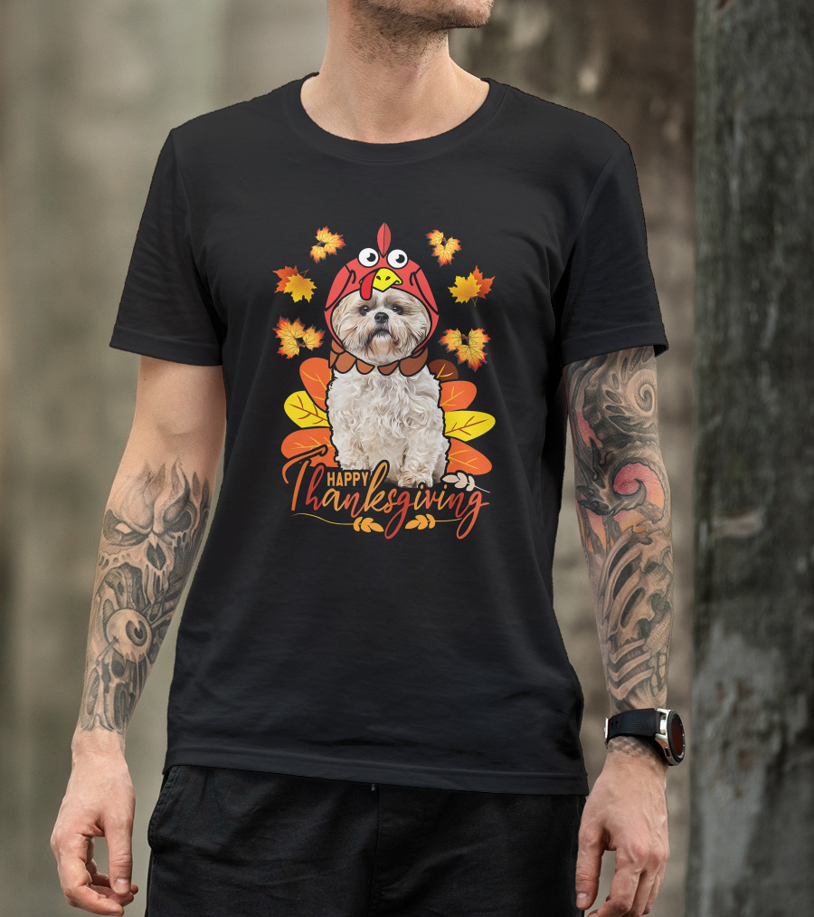 Happy Thanksgiving Shih Tzu Dog In Turkey Costume With Autumn Leaves T-Shirt