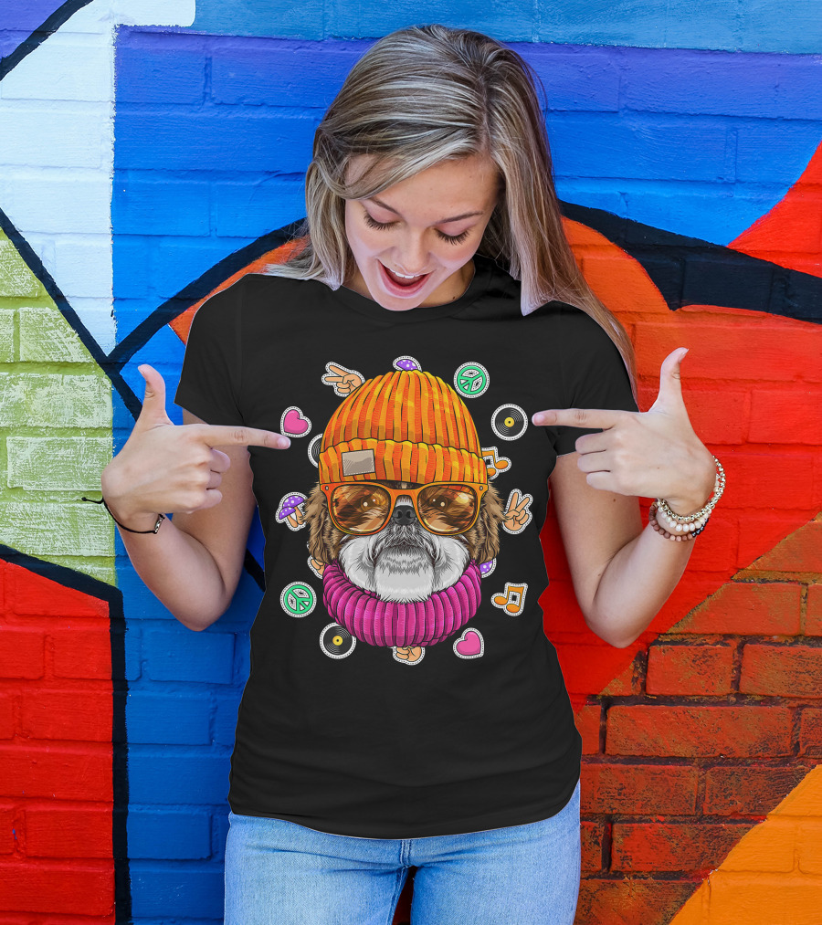 Hipster Shih Tzu With Glasses And Beanie Surrounded By Love Peace And Music Icons T-Shirt