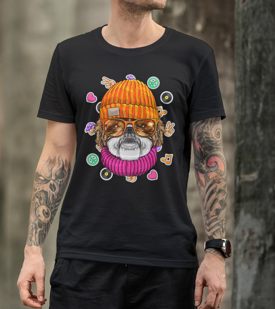 Hipster Shih Tzu With Glasses And Beanie Surrounded By Love Peace And Music Icons T-Shirt