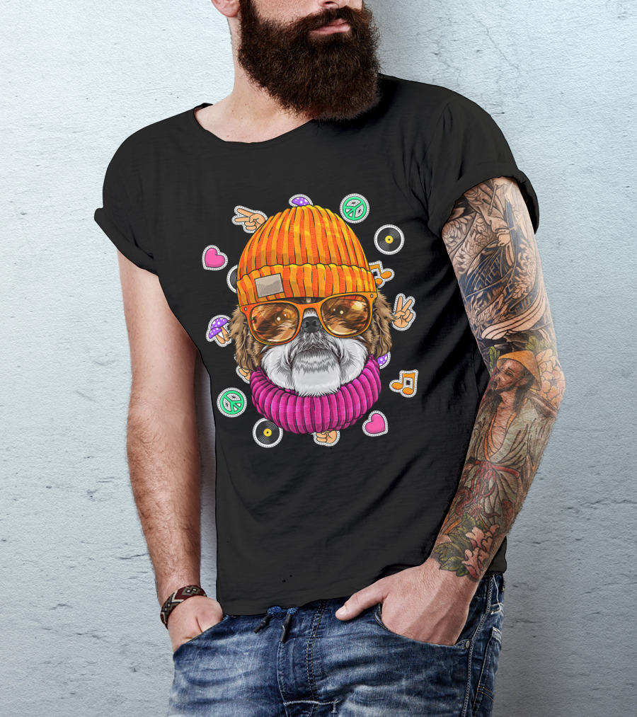 Hipster Shih Tzu With Glasses And Beanie Surrounded By Love Peace And Music Icons T-Shirt