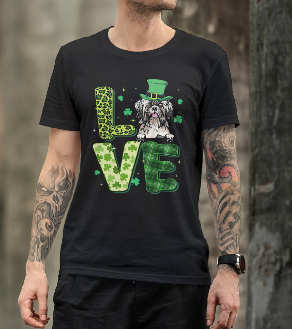Love Shih Tzu Leopard Plaid Shamrock St Patrick's Day T-Shirt