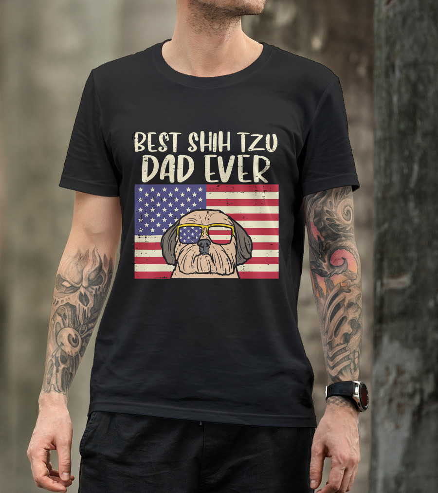 Best Shih Tzu Dad Ever US Flag Patriotic Dog Sunglasses T-Shirt