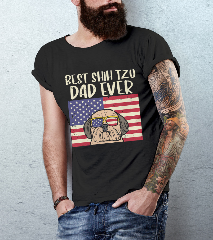 Best Shih Tzu Dad Ever US Flag Patriotic Dog Sunglasses T-Shirt