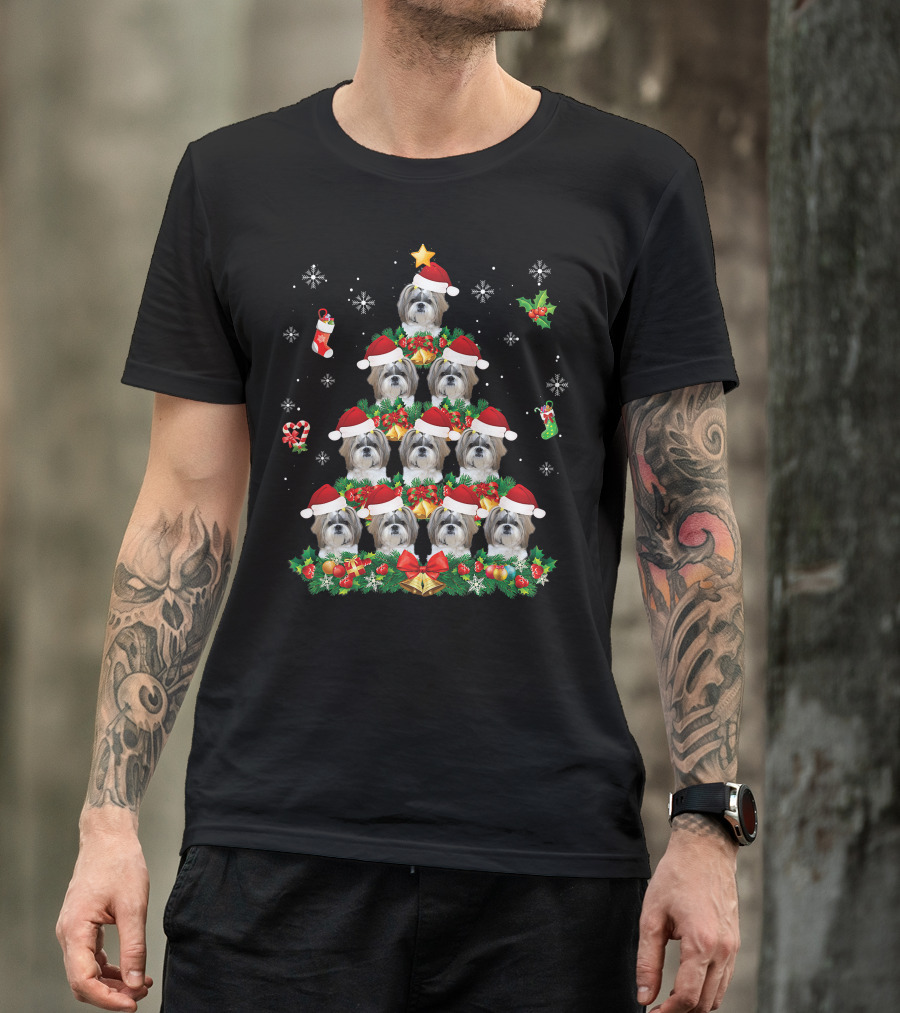 Merry Christmas Shih Tzu Santa Hat Dog Tree Pajama Swe T-Shirt