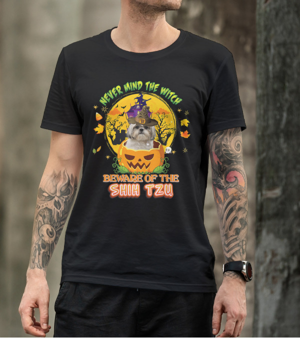 Never Mind The Witch Beware Of The Shih Tzu Halloween Pumpkin Dog With Witch Hat T-Shirt