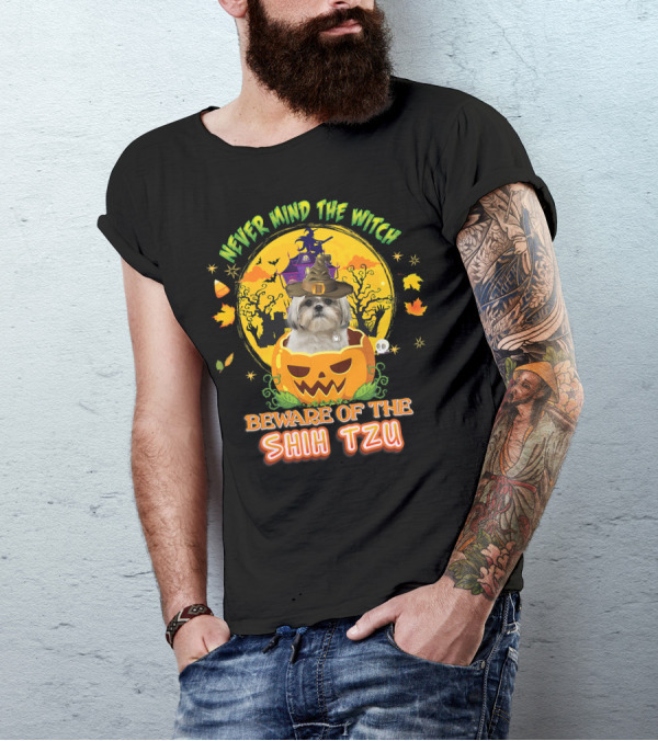 Never Mind The Witch Beware Of The Shih Tzu Halloween Pumpkin Dog With Witch Hat T-Shirt