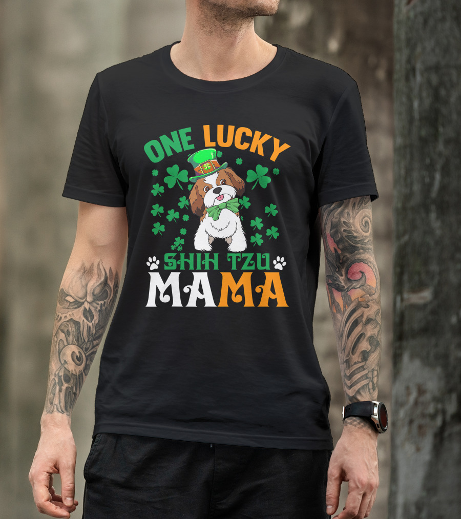 One Lucky Shih Tzu Mama St Patricks Day Green Hat Shamrocks T-Shirt