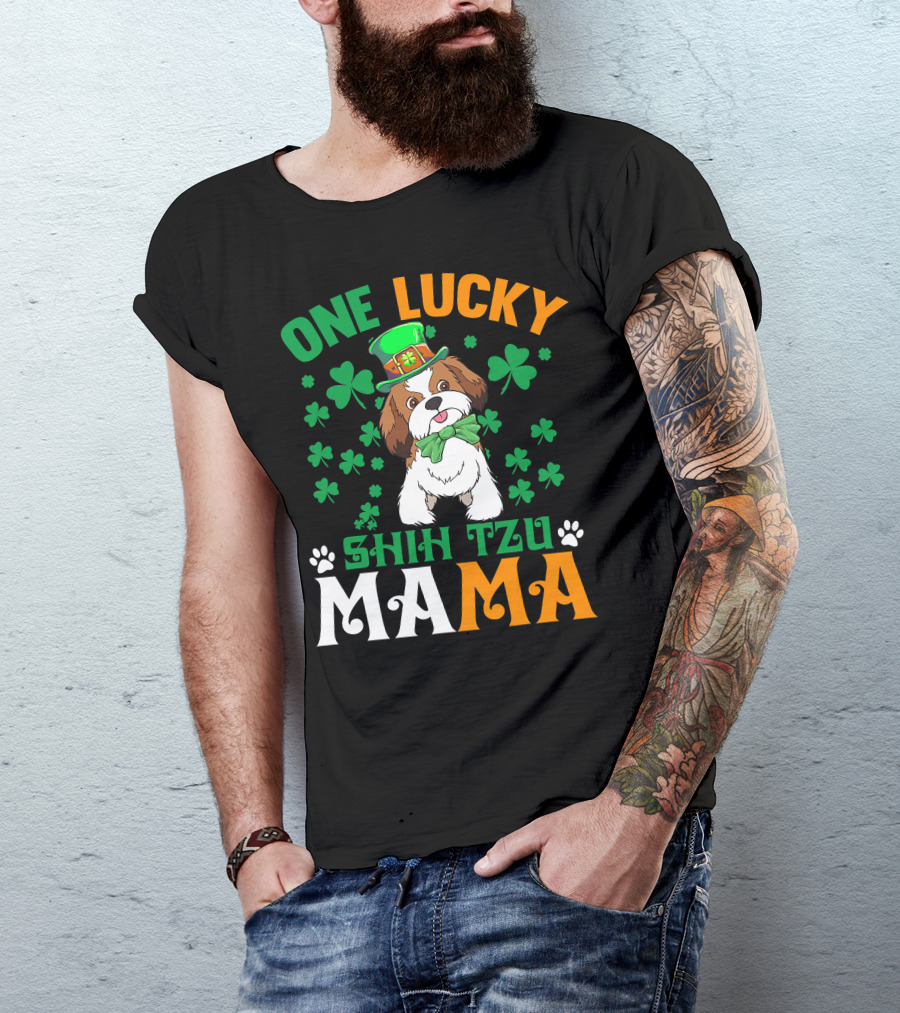 One Lucky Shih Tzu Mama St Patricks Day Green Hat Shamrocks T-Shirt