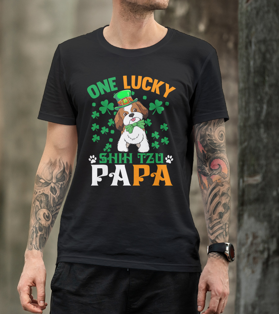 One Lucky Shih Tzu Papa St Patricks Day Dog Hat Clover T-Shirt