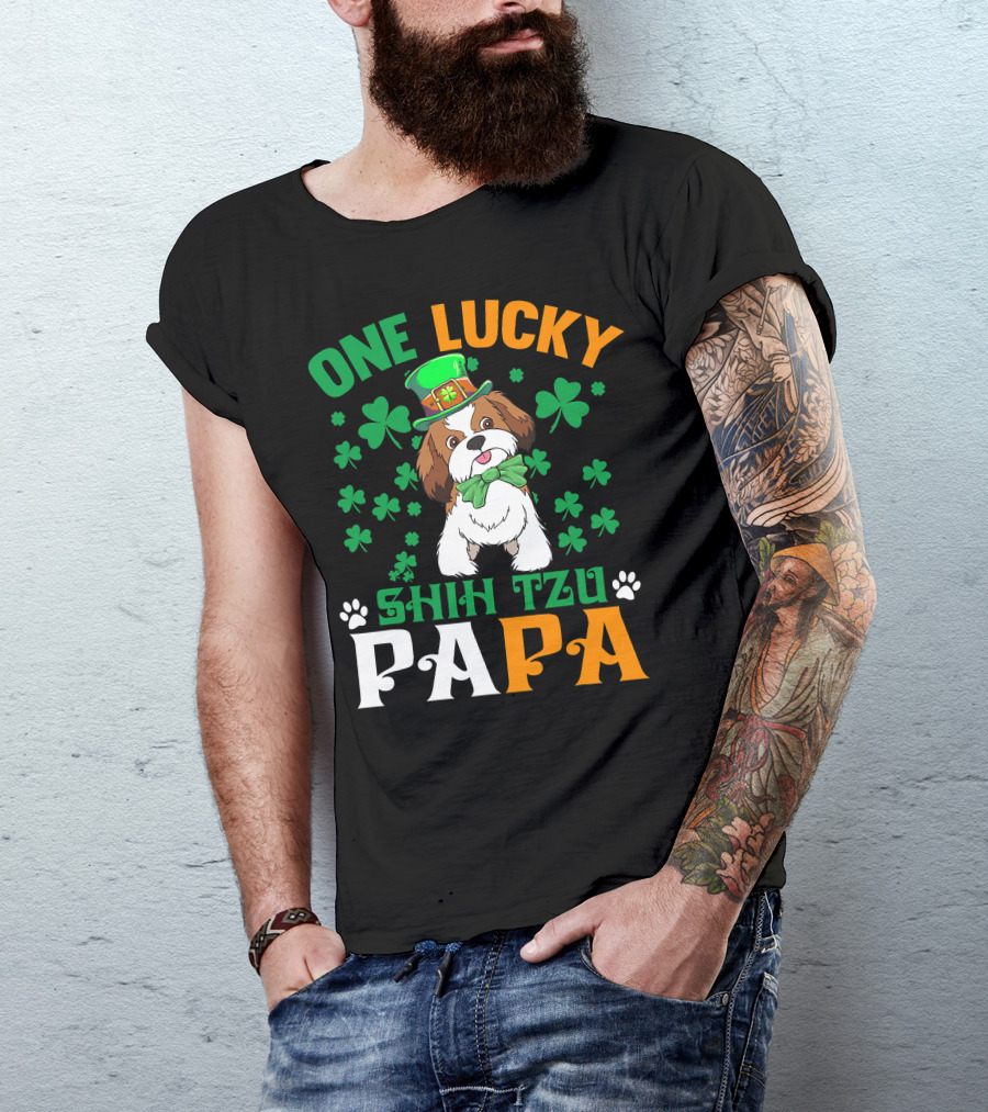 One Lucky Shih Tzu Papa St Patricks Day Dog Hat Clover T-Shirt