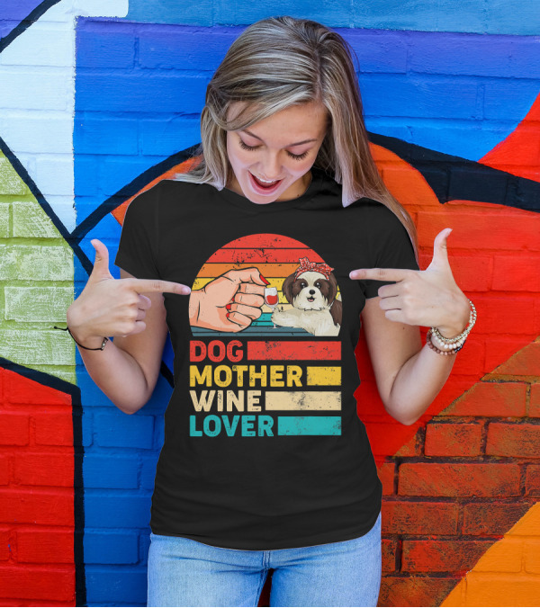 Dog Mother Wine Lover Shih Tzu Retro T-Shirt