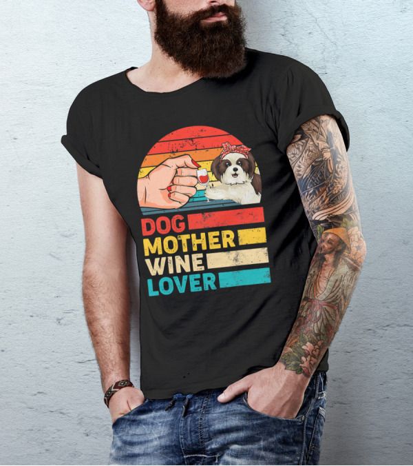 Dog Mother Wine Lover Shih Tzu Retro T-Shirt