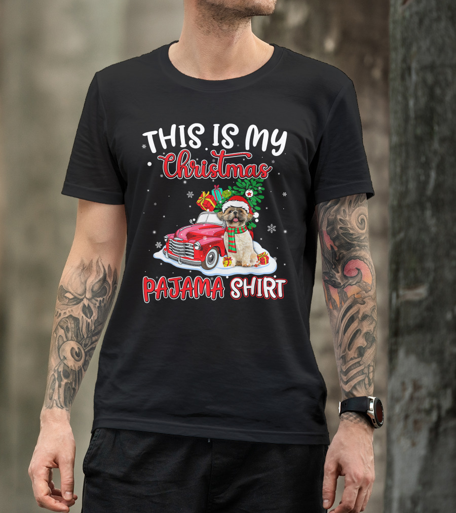 Retro Christmas Pajama Shih Tzu Santa Hat Presents Vintage Car T-Shirt