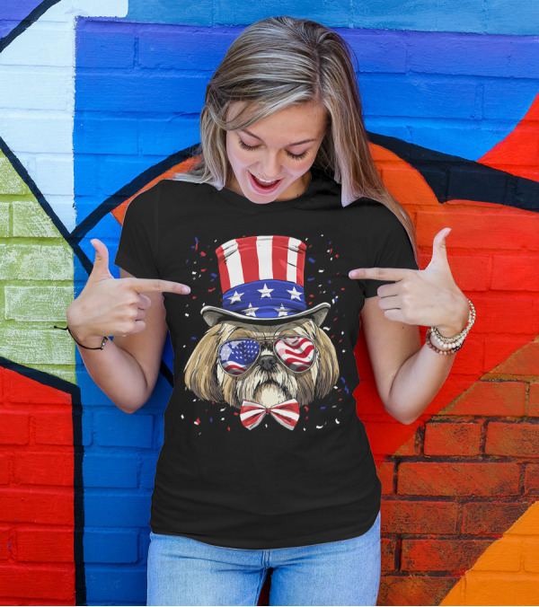 Shih Tzu Fourth Of July American Dog In USA Flag Hat And Glasses T-Shirt