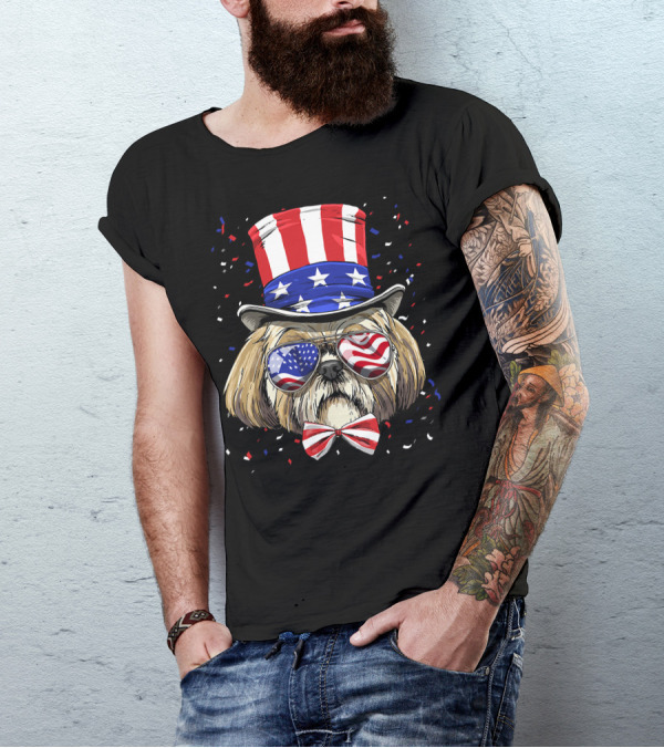Shih Tzu Fourth Of July American Dog In USA Flag Hat And Glasses T-Shirt