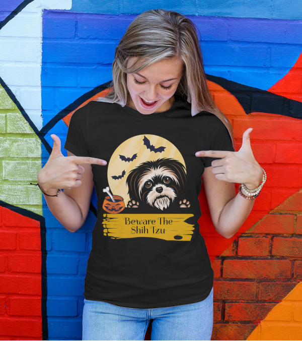 Beware The Shih Tzu Halloween Bats Moon Pumpkin T-Shirt