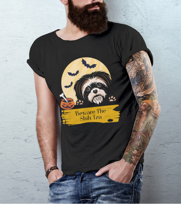 Beware The Shih Tzu Halloween Bats Moon Pumpkin T-Shirt